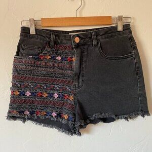 TopShop Moto Embroidered Raw Hem Black Jean Shorts